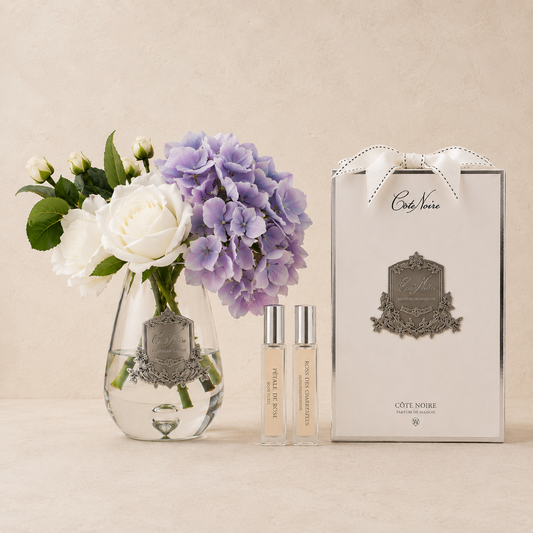 Cote Noire Tea Rose & Hydrangeas Bouquet | Blue & White