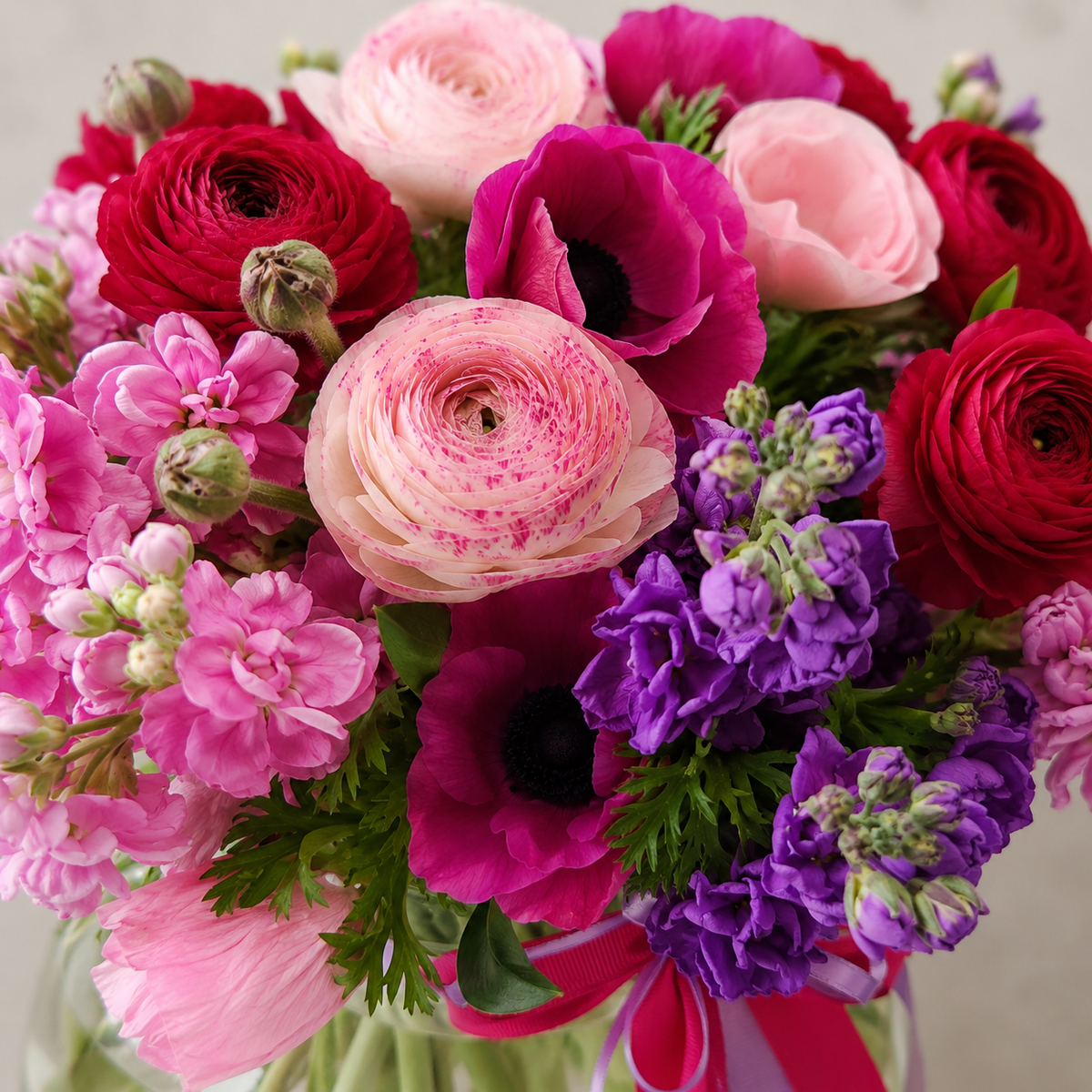 Five Acre Florets Mixed Farm Flowers close up showing ranunculus, anemones and stock