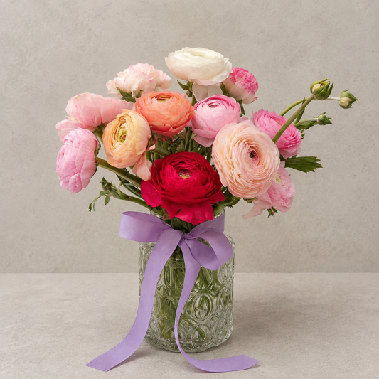Five Acre Florets Ranunculus Vase - mixed pink, peach and red ranunculus in a glass vase with lilac ribbon