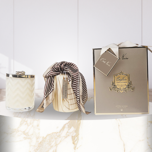 Cote Noire Herringbone Candle with Scarf - Cream & Gold - Gold Bee Brooch - Blonde Vanilla