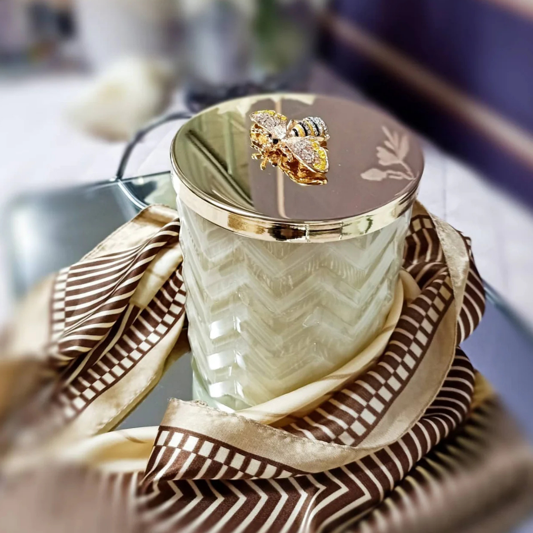 Cote Noire Herringbone Candle with Scarf - Cream & Gold - Gold Bee Brooch - Blonde Vanilla
