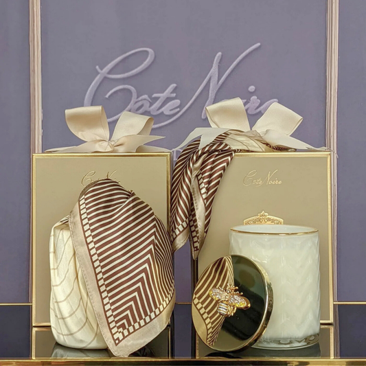 Cote Noire Herringbone Candle with Scarf - Cream & Gold - Gold Bee Brooch - Blonde Vanilla