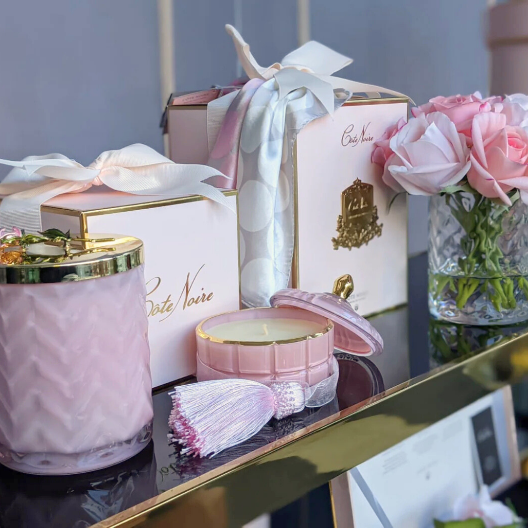 Cote Noire Herringbone Candle with Scarf - Pink & Gold - Rose Brooch - Charante Rose