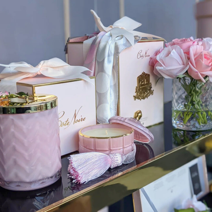 Cote Noire Herringbone Candle with Scarf - Pink & Gold - Rose Brooch - Charante Rose