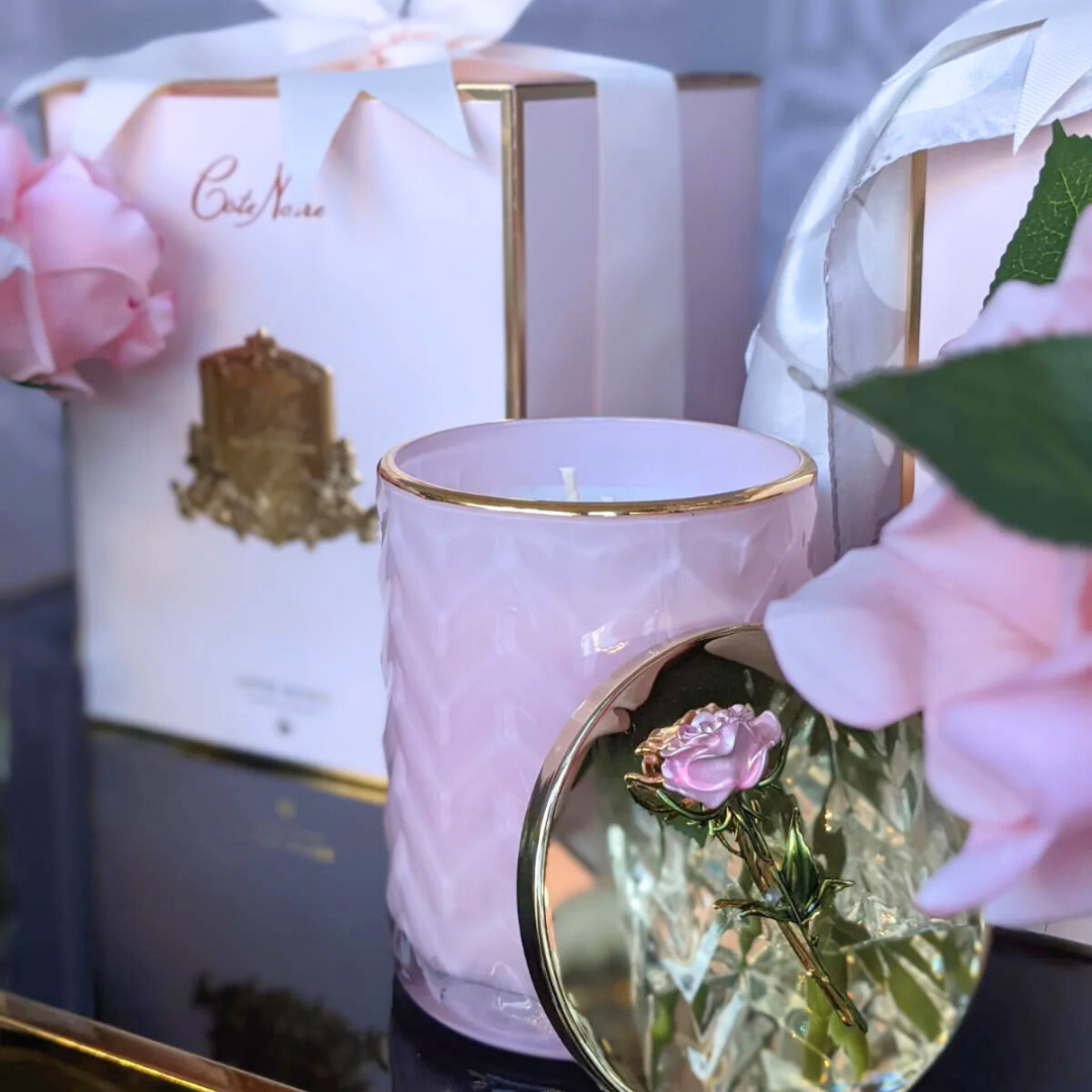Cote Noire Herringbone Candle with Scarf - Pink & Gold - Rose Brooch - Charante Rose