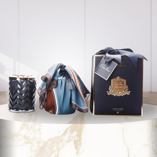 Cote Noire Herringbone Candle with Scarf - Navy & Gold - Dragonfly Brooch - Eau De Vie