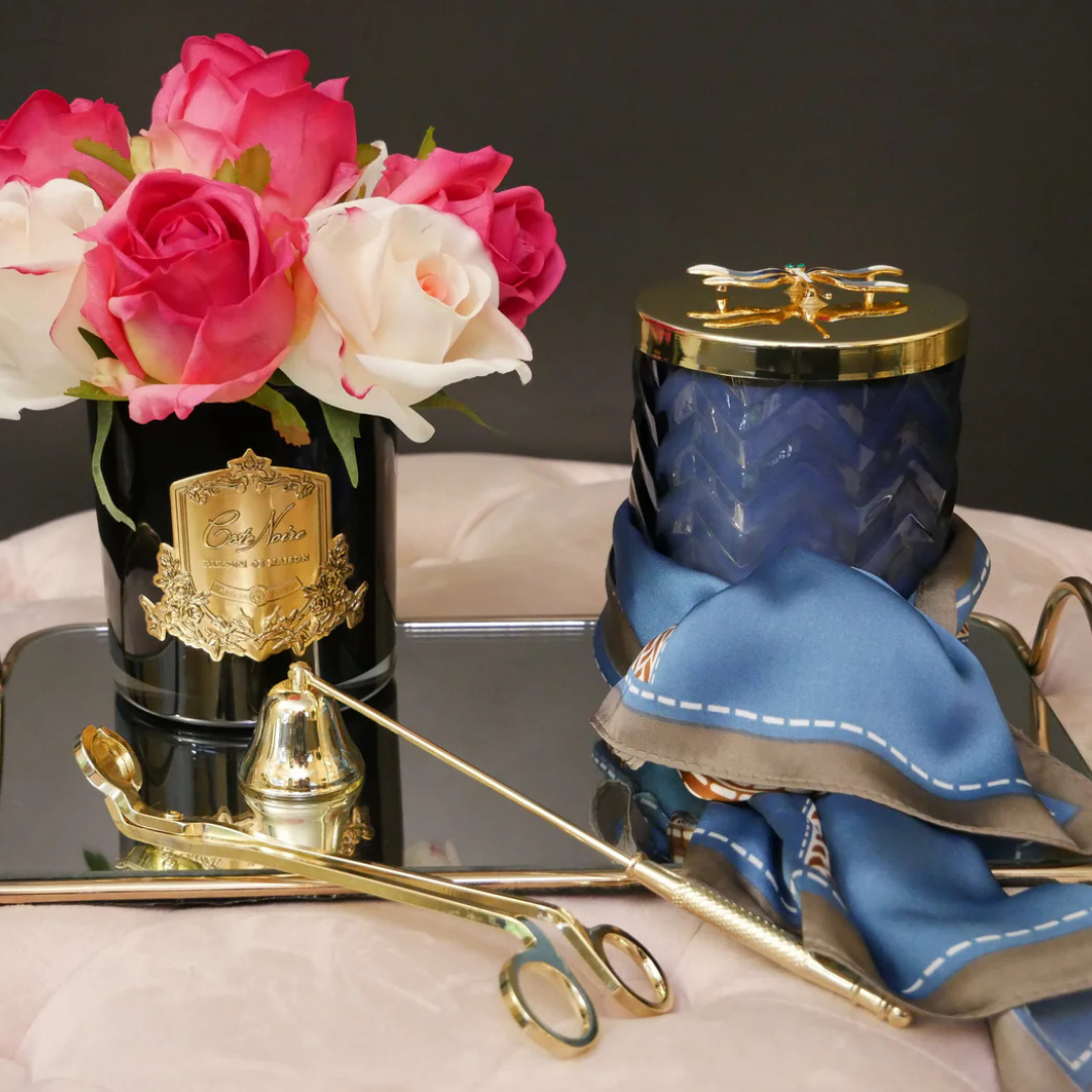 Cote Noire Herringbone Candle with Scarf - Navy & Gold - Dragonfly Brooch - Eau De Vie