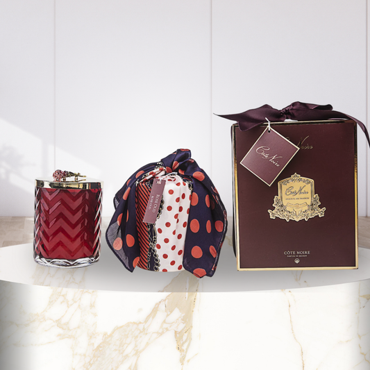 Cote Noire Herringbone candle with Scarf - Red & Gold - Red Rose Brooch - Rose Oud
