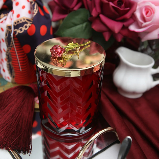 Cote Noire Herringbone candle with Scarf - Red & Gold - Red Rose Brooch - Rose Oud