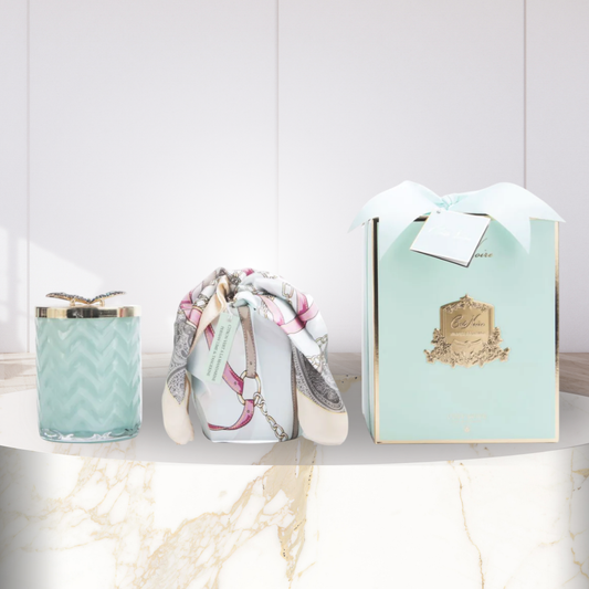Cote Noire Herringbone Candle with Scarf - Tiffany Blue & Gold - Butterfly Brooch - Persian Lime