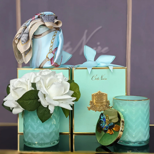 Cote Noire Herringbone Candle with Scarf - Tiffany Blue & Gold - Butterfly Brooch - Persian Lime