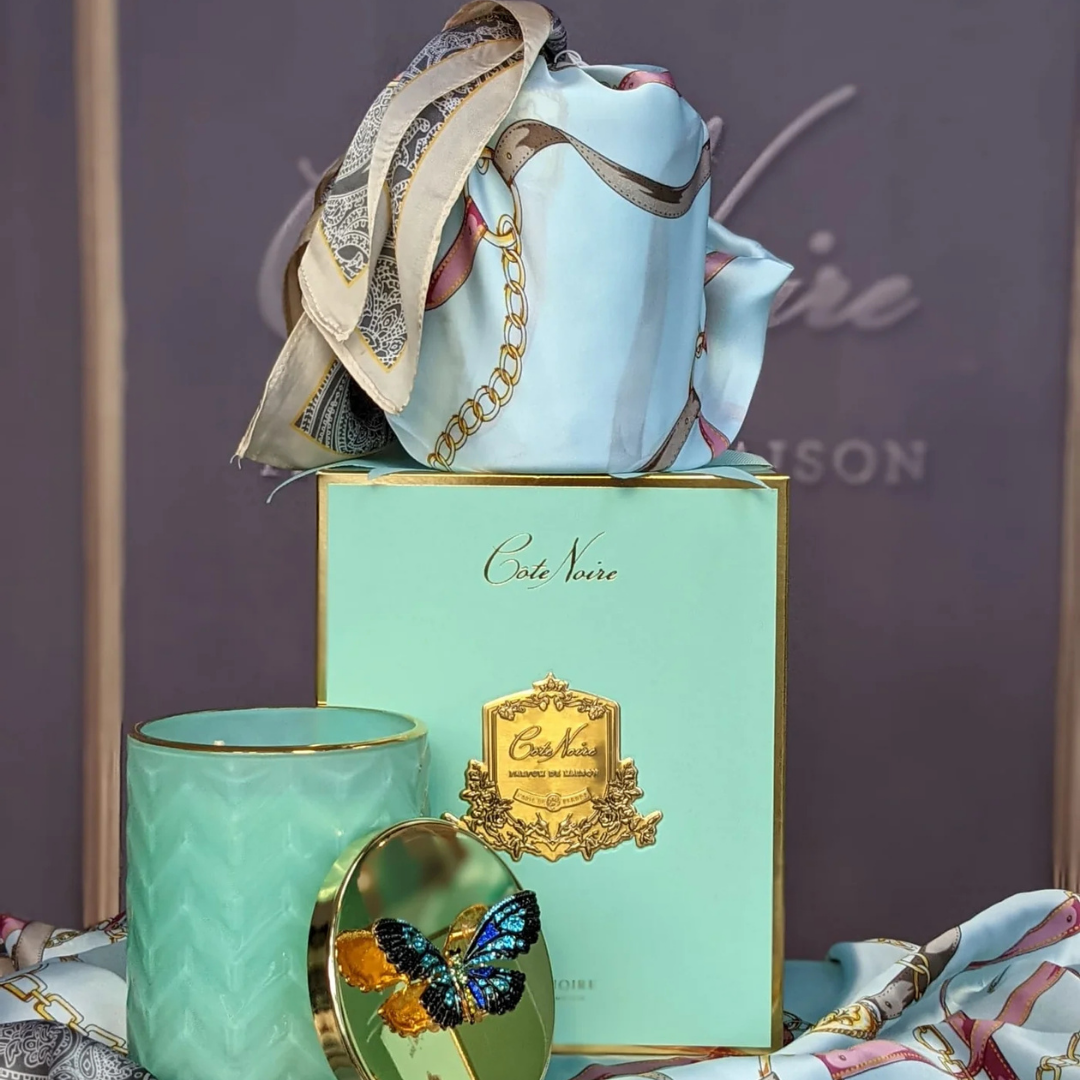 Cote Noire Herringbone Candle with Scarf - Tiffany Blue & Gold - Butterfly Brooch - Persian Lime