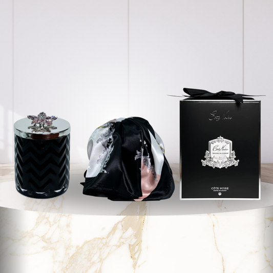 Cote Noire Herringbone Candle with Scarf - Black & Silver - Flower Brooch - Pink Champagne