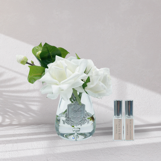 Cote Noire Tea Rose Bouquet Clear Tear Drop Glass - White