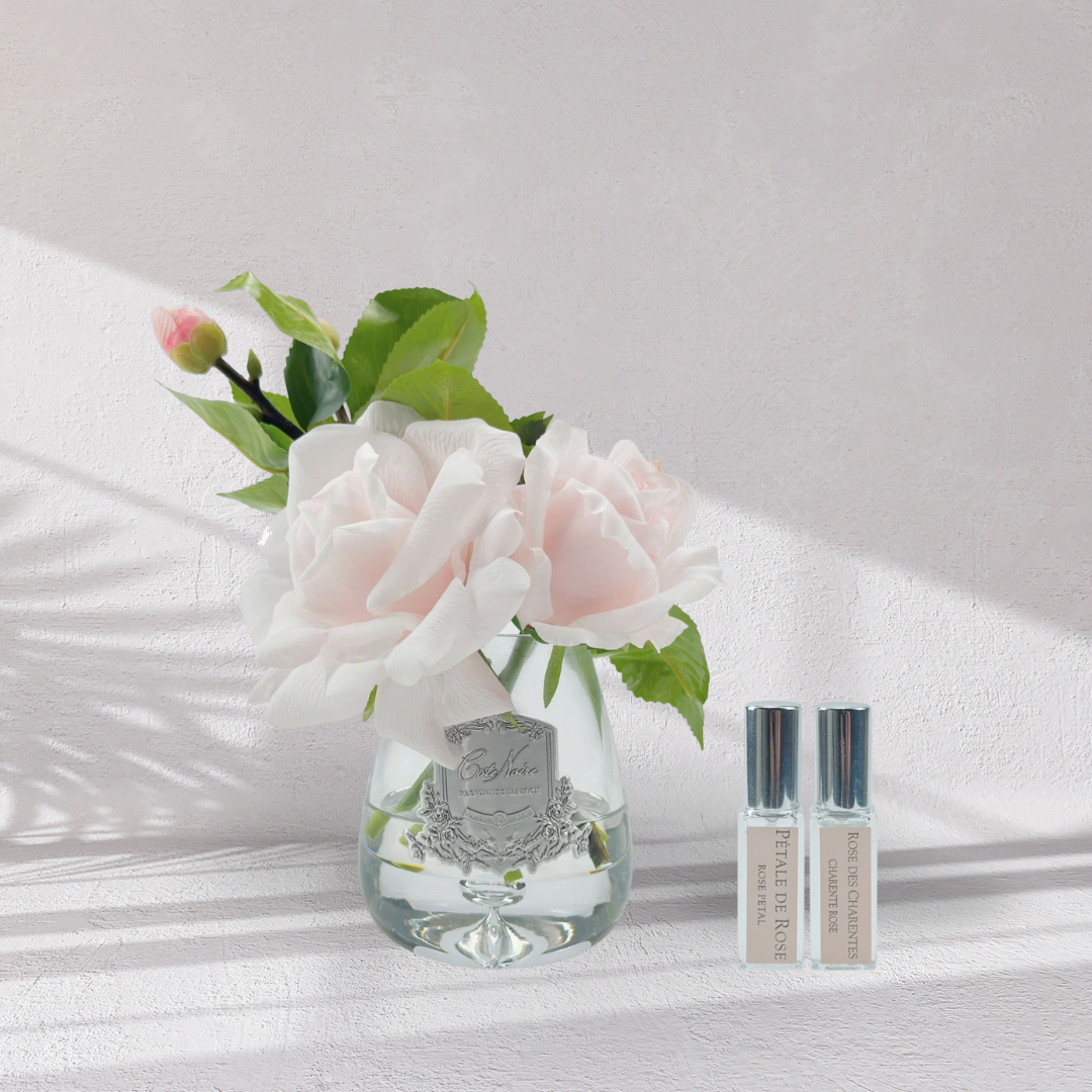 Cote Noire Tea Rose Bouquet - Clear Tear Drop Glass - French Pink