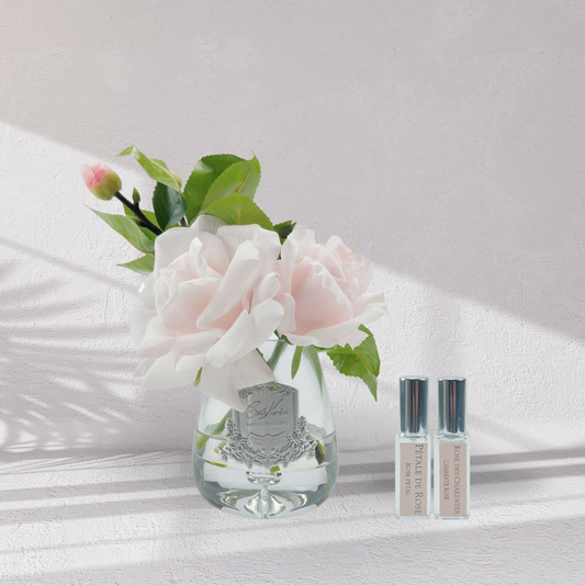 Cote Noire Tea Rose Bouquet - Clear Tear Drop Glass - French Pink