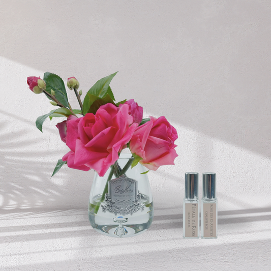 Cote Noire Tea Rose Bouquet - Clear Tear Drop Glass - Magenta