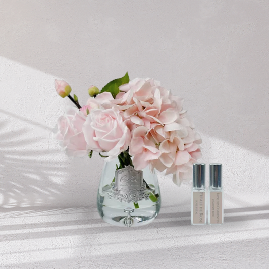 Cote Noire Tea Rose & Hydrangea Bouquet Clear Tear Drop Glass - Pink