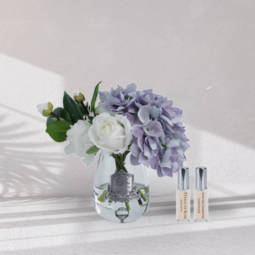 Cote Noire Tea Rose & Hydrangeas Bouquet - Clear -Blue & White