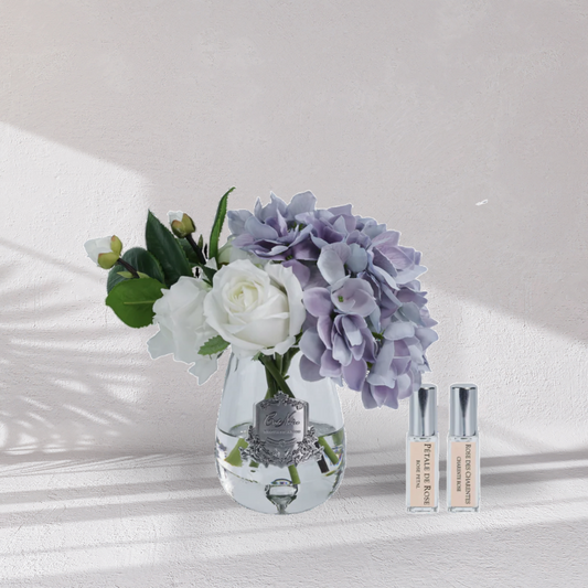 Cote Noire Tea Rose & Hydrangeas Bouquet - Clear -Blue & White