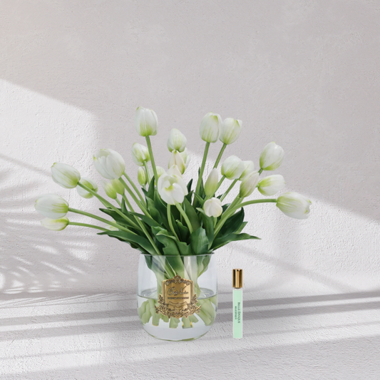 Cote Noire Heritage Tulips - Clear Vase with Gold Badge - White