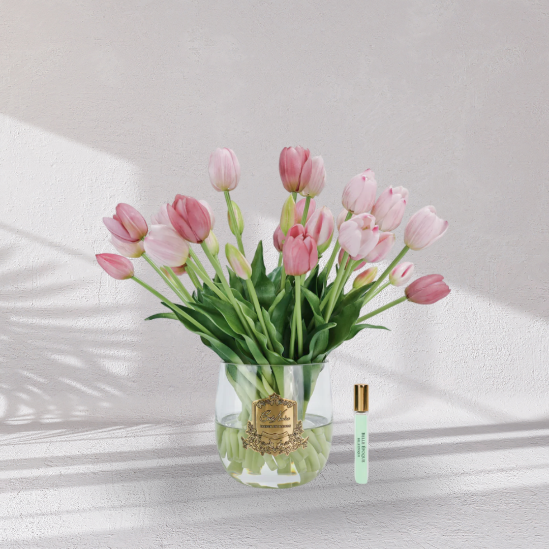 Cote Noire Heritage Tulips - Clear Vase with Gold Badge - Pink