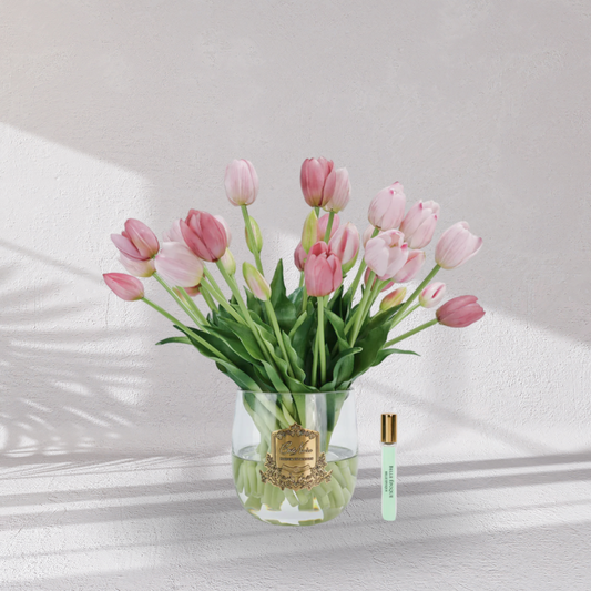 Cote Noire Heritage Tulips - Clear Vase with Gold Badge - Pink