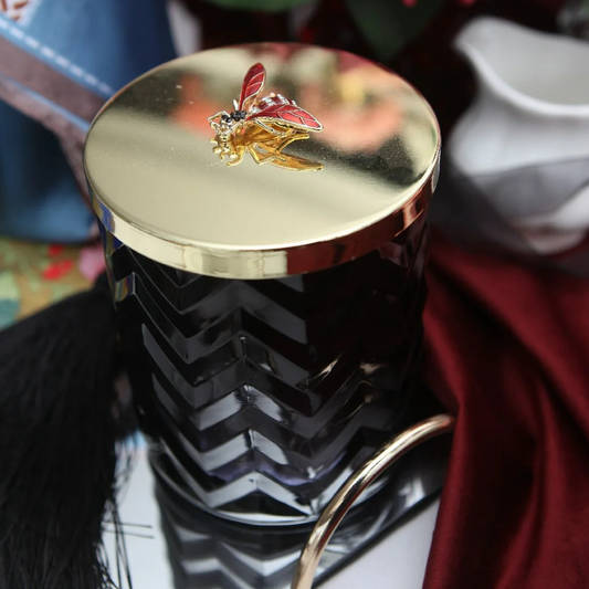 Cote Noire Herringbone Candle - Black - Red Bee Brooch - Queen of the Night
