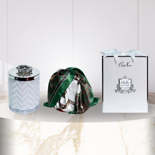 Cote Noire Herringbone Candle with Scarf - White & Silver - Jewel Brooch - Belle Epoque