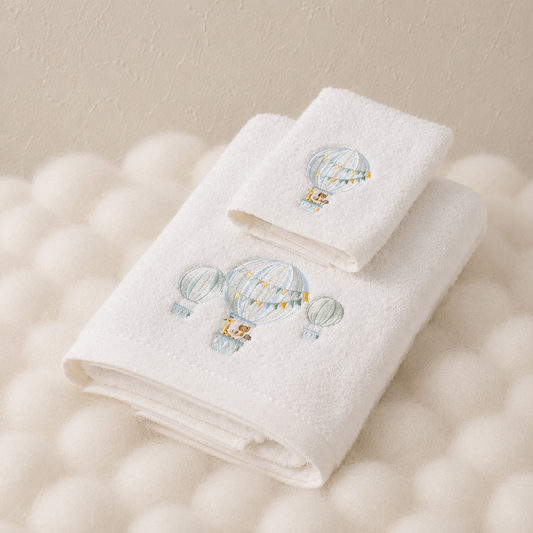 Balloon Voyage Bath Towel & Face Washer in Organza Bag | Jiggle & Giggle