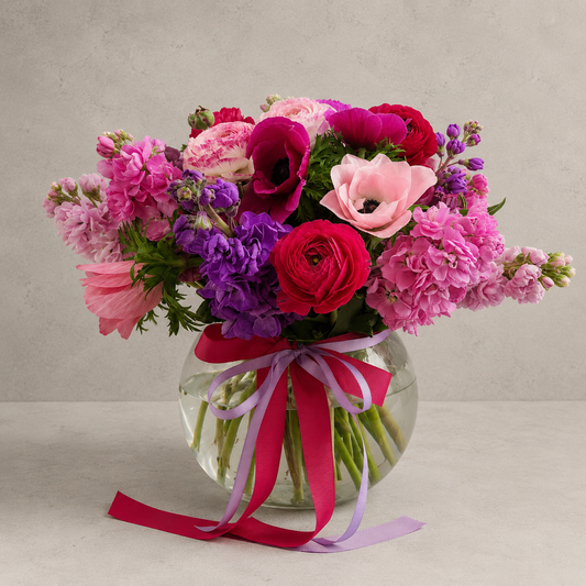 Five Acre Florets Mixed Farm Flowers in a glass fishbowl vase with pink and lilac ribbon