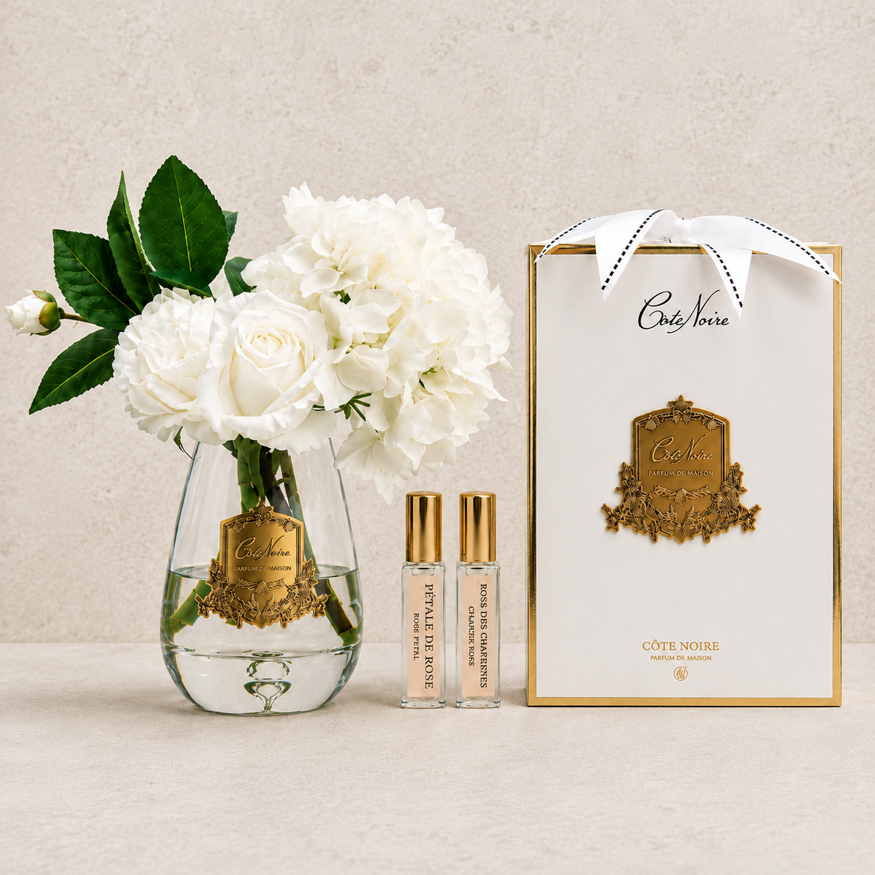Cote Noire Tea Rose & Hydrangeas Bouquet | White