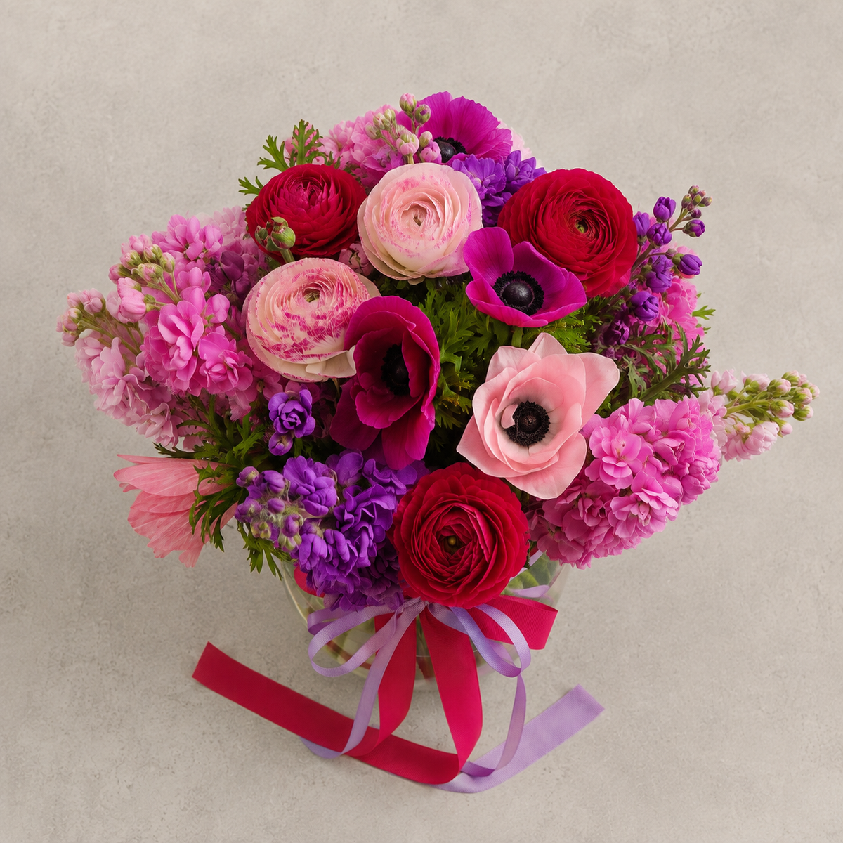 Five Acre Florets Mixed Farm Flowers overhead view in a white box with ribbon